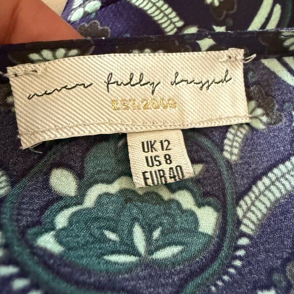 NEVER FULLY DRESSED | Navy Blue and Green Blouson Sleeve Wrap Blouse | US Size 8 - Picture 5 of 5